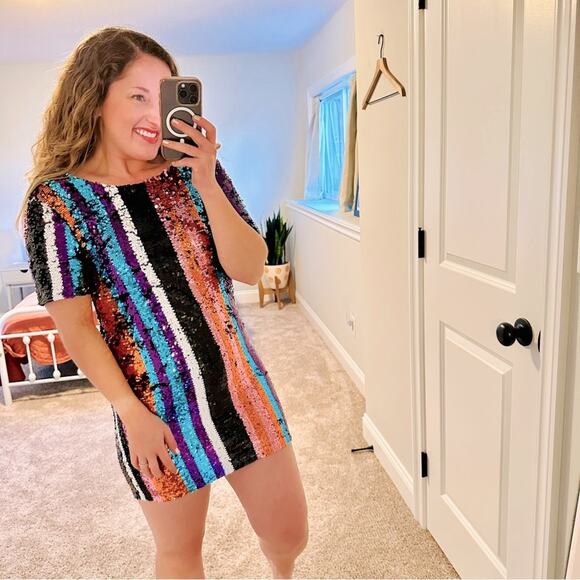 Karlie Striped Sequin Mini Dress Small - Picture 1 of 10